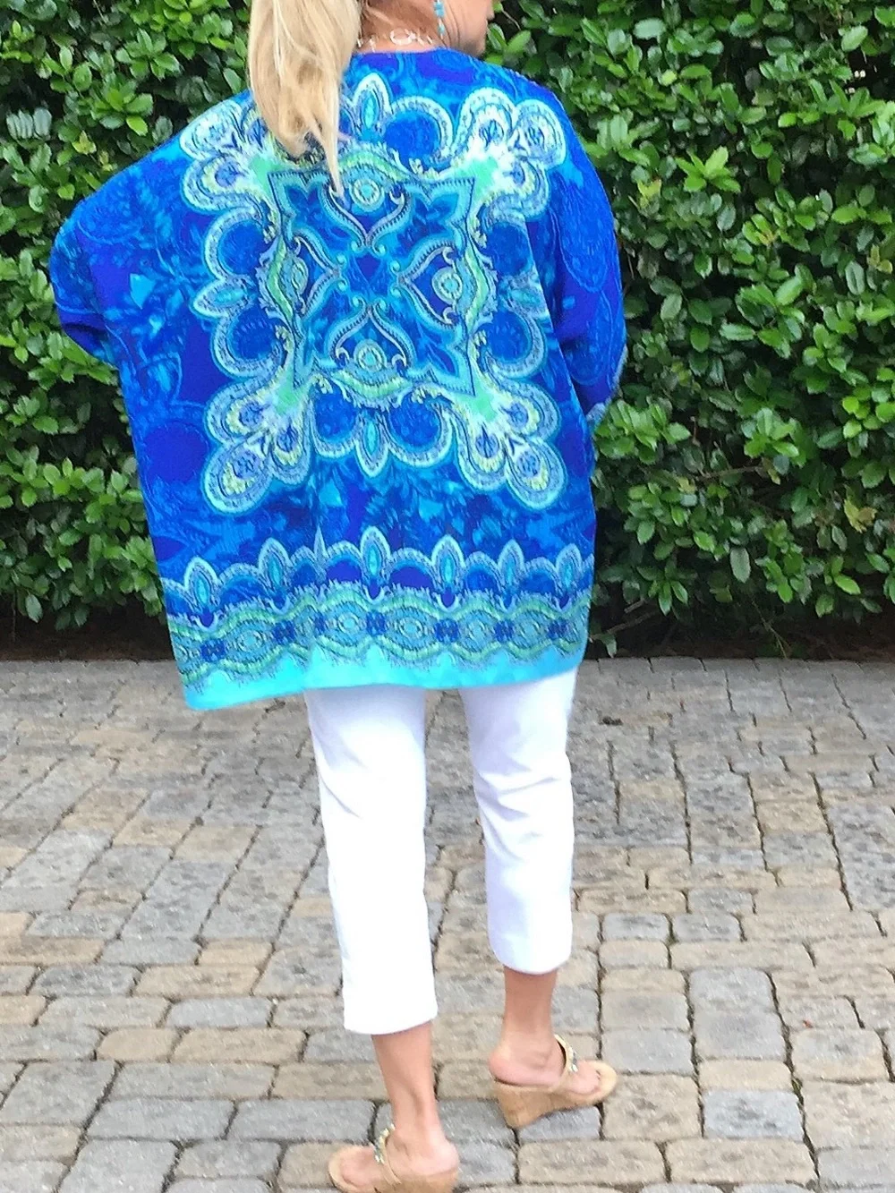 CHICO’S Silky Turquoise & Blue Paisley Medallion Open-Front Kimono Wrap Cardigan